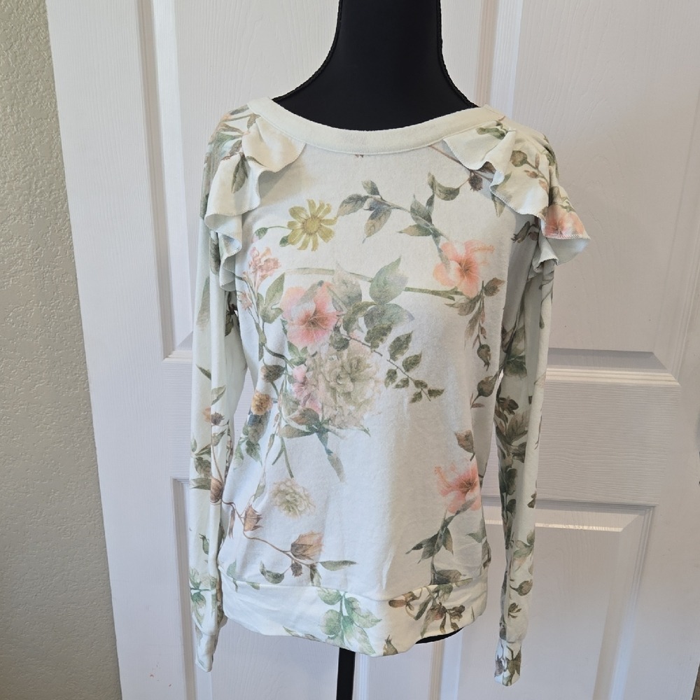 Chaser Floral Ruffle Shoulder Open Back Sweatshirt Cream Pink Green Medium